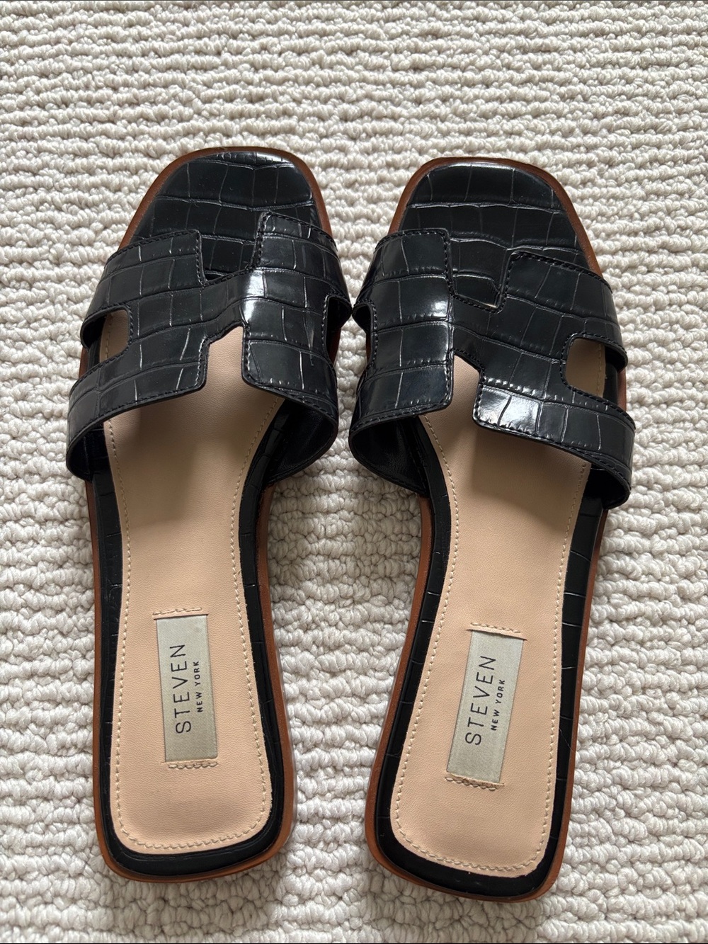 Steven By Steve Madden Black Croc-Embossed Slide Sandals